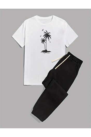 Medinenur Μπλουζάκι με στάμπα με παλάμη Φούτερ Jogger Comfortable Fit Μαύρο Σετ αθλητικής φόρμας