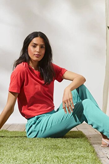 Tchibo Women Pull On Solid Trouser Pants, Turquoise