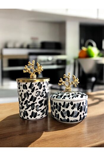 ferayhome Kitchen Accessory Decorative 2-Pack Gray Leopard Cylinder Gray Leopard Patterned Object Gold Coral