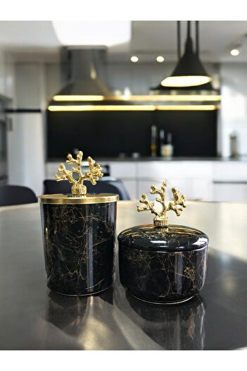 ferayhome Kitchen Accessory Decorative Set of 2 Black Gold Marble Cylinder Black Marble Object Gold Coral