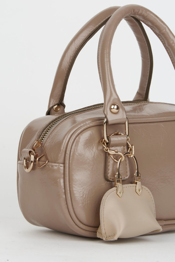 Vivaq Women's Tulip Dark Mink Bag Charm Detailed Patent Leather Zipper Closure Handbag and Shoulder Bag