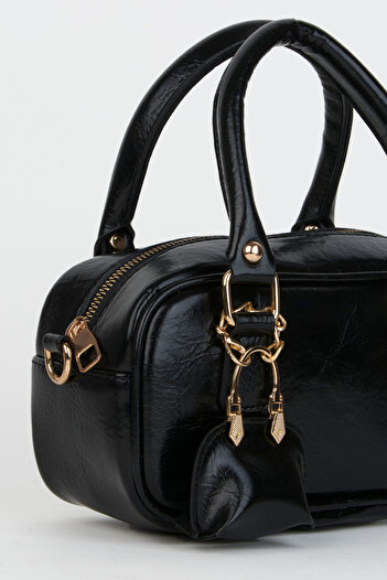 Vivaq Women's Tulip Black Bag Charm Detailed Patent Leather Zipper Closure Handbag and Shoulder Bag