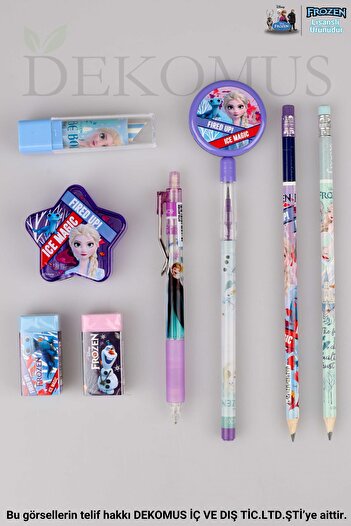 DEKOMUS Licenssed Elsa Frozen 9 Piece Stationery Set with Labyrinth Figure Versatile Tip Pen, 2 Pieces of Stickers with Eraser