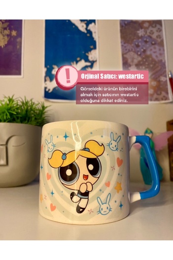 westartic PowerPuff Girls - Bubbles Kalp Detaylı Kupa Bardak Kahve Fincanı