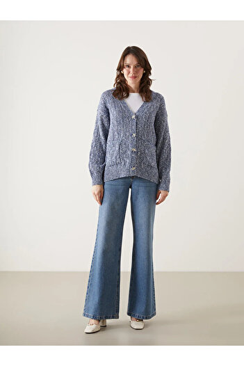 LC Waikiki Lcwaikiki Classic Blue V-Neck Openwork Women's Knitwear Cardigan