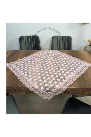 TUNCAY TEKSTİL Daisy Pattern Laced Polyester Square Fiskos Coffee Table Tablecloth French Guipure Model Cloth Powder Pink