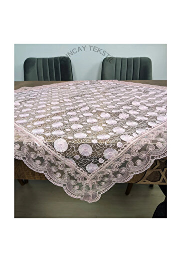 TUNCAY TEKSTİL Daisy Pattern Laced Polyester Square Fiskos Coffee Table Tablecloth French Guipure Cover Powder Pink