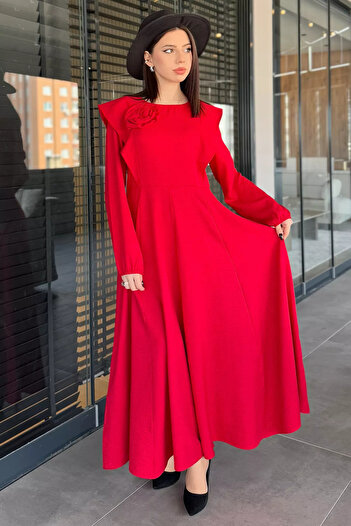 GÜLSELİ Red Rose Detailed Hijab Flared Dress
