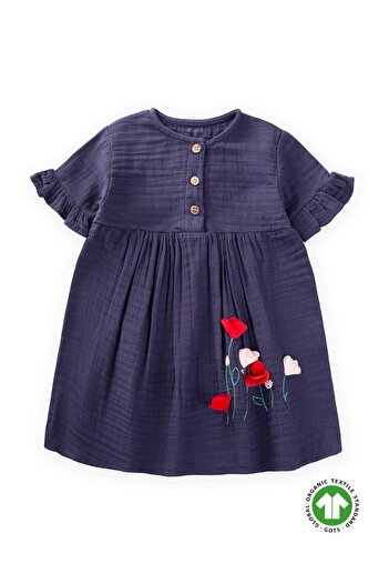 Cigit Organic Floral Embroidered Dress 1-6 Years Dark Blue