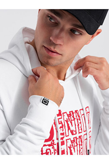 OMBRE Men's non-stretch kangaroo sweatshirt with hood and print - white V3 OM-SSPS-0158 XL