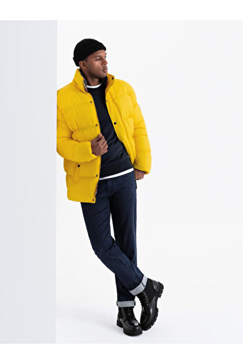 OMBRE Ανδρικό puffer jacket με φόδρα καρέ - κίτρινο V3 OM-JAHP-0205 XL