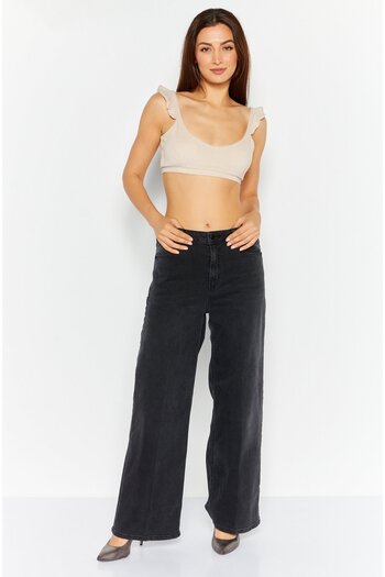 Esprit Women Regular Fit Wide Leg Washed Stretchable Jeans, Black