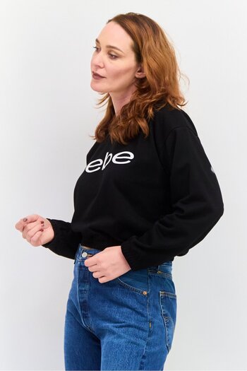 Bebe Women Round Neck Brand Logo Crop Sweatshirts, Black