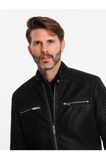 OMBRE Men's retro-style biker jacket with stand-up collar - black V2 OM-JAFL-0197 XL