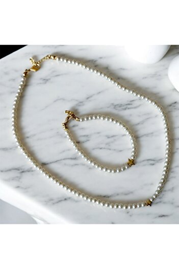 Takıtolia Star Gold Colored Star Talisman Pearl String Daily Stylish Casual Special Day Necklace Bracelet Set (6)