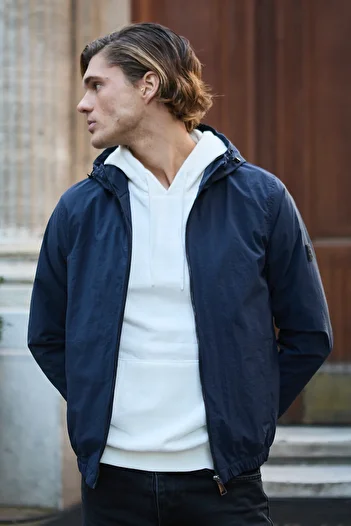 Danger Men's Hooded Parachute Fabric Jacket Navy Blue