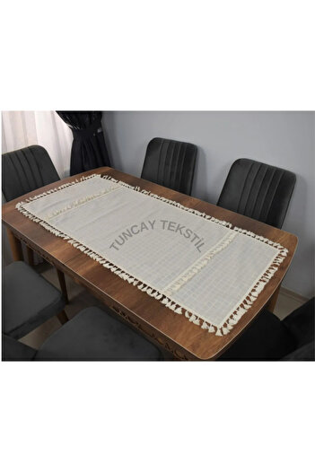TUNCAY TEKSTİL Fringed Runner with Tassels and Pompoms - Ranir Cover Buldan Work Linen Monika Table Top Cover 50x100