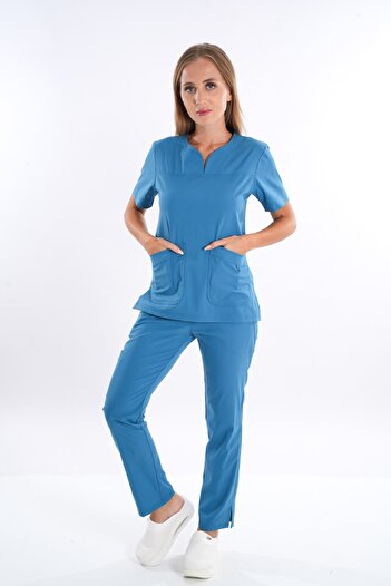 Nur Medikal Giyim Model de afaceri Soft Lycra Petrol Blue Doctor Asistentă Spital Scrubs Uniforme Team
