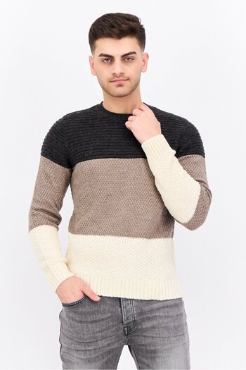 Sorbino Men Crew Neck Textured Long Sleeves Sweater, Cream