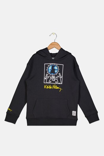 Keith Haring Kids Girl Hooded Neck Long Sleeve Graphic Sweatshirt, Charcoal Black
