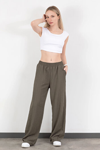 GİYSA Women's Elastic Waist Wide Leg Pocket Detailed Trousers Khaki - 25576
