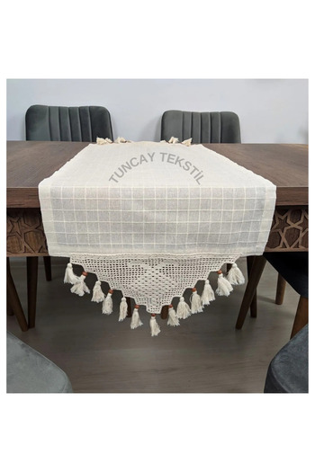 TUNCAY TEKSTİL Hand Lace Tasseled Runner Ranir Cover Buldan Work Monika Linen Coffee Table Table Top Cloth Fireplace 45x200