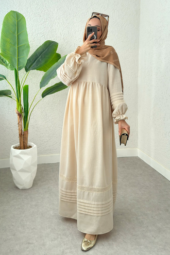 Salih Çelebi Hijab Dress with Scalloped Detail 2207 - Stone Color