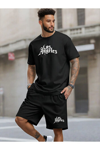 DEEPSENCE Ανδρικό μαύρο σορτς 2 τεμαχίων T-shirt Team Los Angeles Printed
