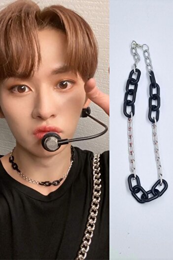 KRIMO Kpop Stray Kids Lee Know Siyah ve Metal Zincir Kolye