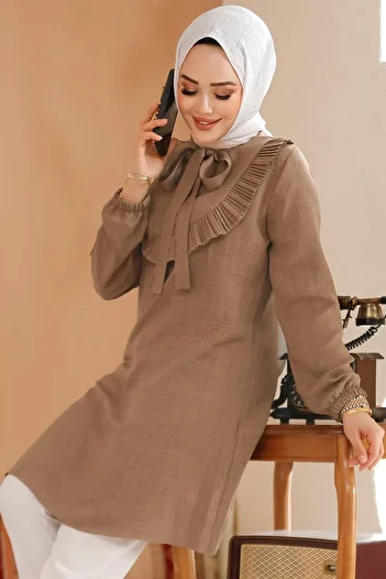 Neva Style Dark Mink Hijab Tunic with Ruffle Detail 6682Kv
