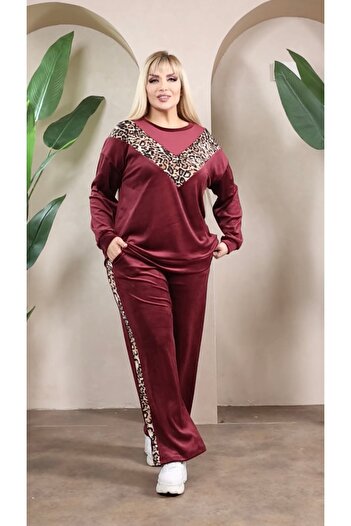 garajmood Burgundy Leopard Detailed Velvet Fabric Large Size Bottom Top Set