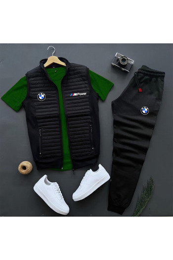 NewCabin Bmw Mpower Printed Quilted Vest and Sweatpants - T-Shirt 3-Piece Set