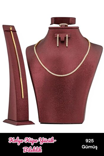 Moda Gümüş 925 Ayar Gümüş Zirkon Taşlı Gümüş Su Yolu Set - Kolye, Bileklik, Küpe, Yüzük