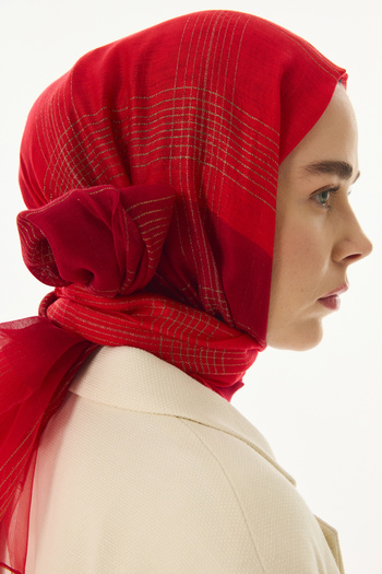 FENZA SCARF Red Stripe Patterned Silk and Wool Loğan Shawl - 40% Silk 60% Wool