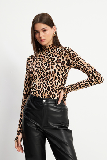 Bipantolon Women's Brown Dot Leopard Patterned Finger Detailed Bodysuit