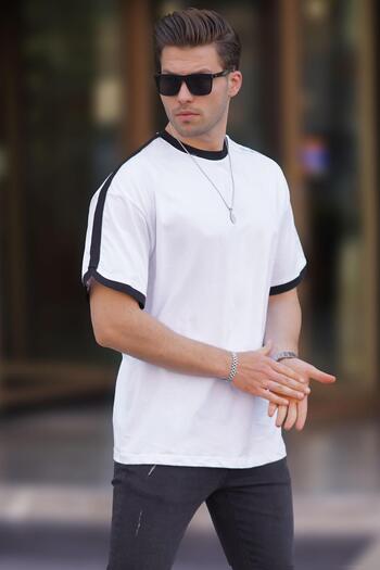 Madmext White Oversize Stripe Detailed Men's T-Shirt - 7023