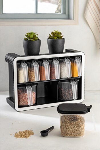 Akmex Grup Set of 9 Spice Rack Storage Containers with Clear Spoon and Lid Wall Mounted and Self-Standed