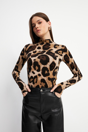 Bipantolon Women's Dark Brown Large Piece Leopard Patterned Finger Detailed Bodysuit
