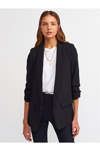 Dilvin 6702 Model - Black Boyfriend Jacket, Sleeve Gathered
