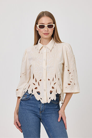 QStil Women's Embroidered Openwork Linen Shirt