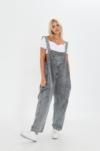 Kutaf Anthracite Adjustable Strap Oversize Cut Denim Salopet with Pockets