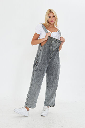 Kutaf Anthracite Adjustable Strap Oversize Cut Denim Salopet with Pockets