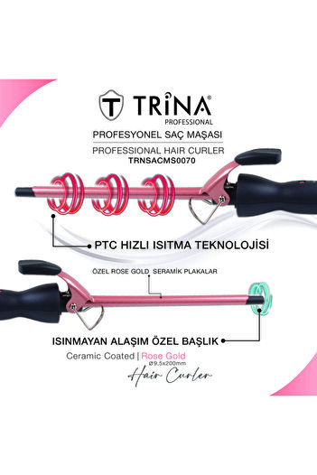 Trina Afro Wave 9.5mm Gold Ceramic Tongs - 20cm. Extra Long Head - Curly Hair Tongs
