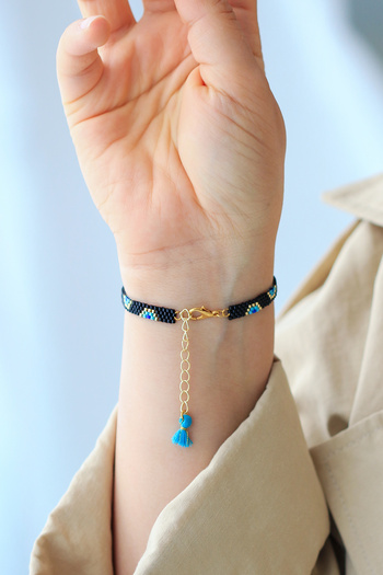 Kübüşün Atölyesi Ka-026 Miyuki Bracelet - Half Evil Eye Series - Full Lap - Chain Closure - Black
