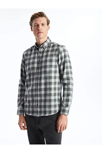 LC Waikiki Lcwaikikı - Classic Gray, Long Sleeve, Plaid Print Gabardine Shirt for Men