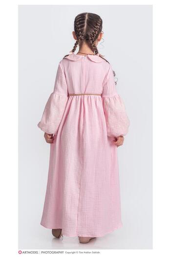 Sare Çocuk Giyim Girl's Pink Long Sleeve Muslin Hijab Dress +(Belt-Necklace)