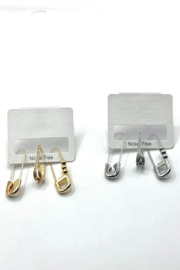DEMOKAN Women's Earrings Imported Special Series 3-Piece Flat Zircon Stone Topcuk Detail Hook Needle Model Tarnish-Free Earrings