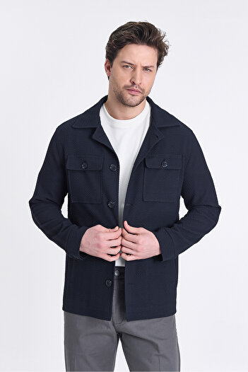 Frappoli Lores Men's Dark Navy Overshirt Stretching Pattern Fabric Spring Trench Jacket-Mont