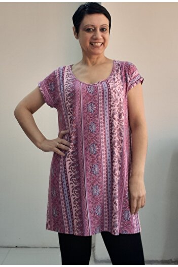 Mertcan Butik Coming Low Sleeve Combed Cotton Viscose T-Shirt with a Pink Print Whole Size