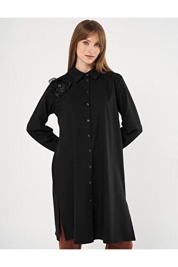 Kayra Black Long Tunic - Floral Applique
